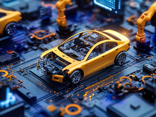 An isometric view of an automated assembly line with interconnected robotic arms assembling car parts