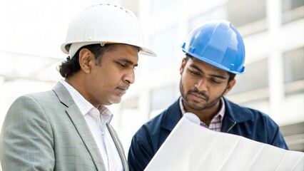 Indian Architect and Engineer Reviewing Blueprints
