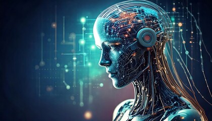 Futuristic AI Human Brain with Neural Network Connections and Circuitry, Artificial Intelligence and Technology Concept