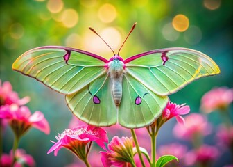 Delicate Luna Moth on Vibrant Pink Flower, Close-up Macro Photography