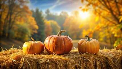 Autumn Harvest Three Pumpkins Resting on a Hay Bale Against a Sunlit Fall Foliage Background
