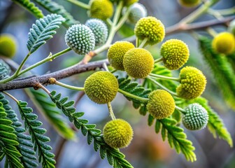 Delicate Winter Mimosa Pods: Young Fruit on Bare Branches