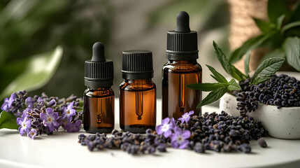 Essential Oils In Brown Bottles With Lavender