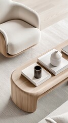 Modern wooden coffee table with books and decor in minimalist living room