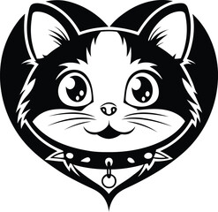 A beautiful cute cat's face in the shape of a heart silhouette vector illustration, cat's face in the shape of a heart line art vector 