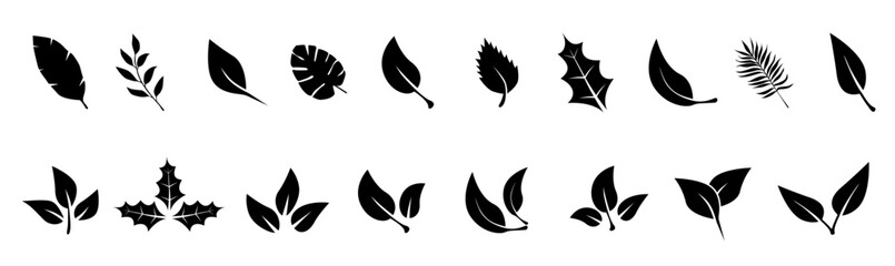 Leaves of trees and plants. Tropical leaves. Set of green leaf icons. Leaves on white background. Ecology. Vector illustration.