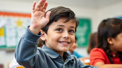 Schoolboy raises his hand to ask the teacher or answer the teacher's question