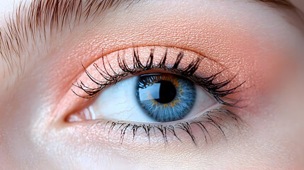 Fototapeta premium Close-up of a blue eye with peach eyeshadow