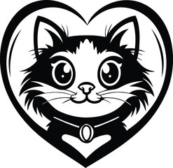 A beautiful cute cat's face in the shape of a heart silhouette vector illustration, cat's face in the shape of a heart line art vector 