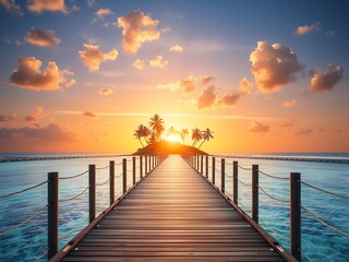 Obraz premium Serene Tropical Island Sunset Wooden Pier leading to Palm Trees at Dawn
