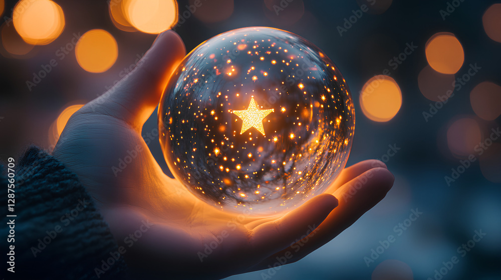 Canvas Prints magical hand-held starry light globe with warm bokeh glow, stars are used as a visual representation