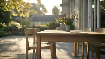 Wooden Table and Chairs on a Sunlit Patio with Flowers