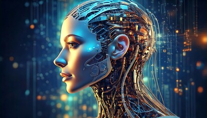 Futuristic AI Human Brain with Neural Network Connections and Circuitry, Artificial Intelligence and Technology Concept