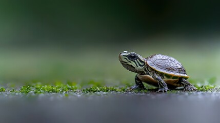 Obraz premium Tiny Turtle Crawls on Mossy Stone