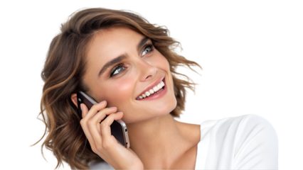 Happy woman using cell phone cut out fashionable African woman holding smart phone transparent background