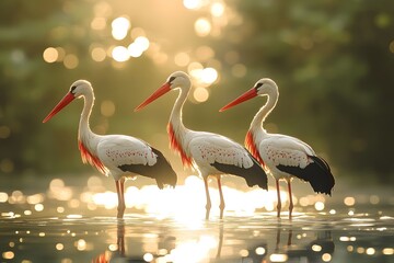 Red storks foraging in shallow waters during summer