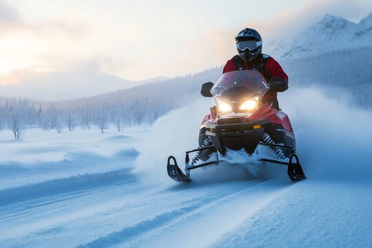 Man riding snowmobile in snowy mountain landscape at sunset