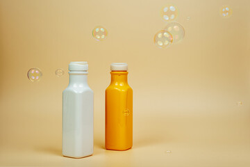Shampoo and hair conditioner on a beige background. Foam and soap bubbles. Space for text. Advertising banner, mockup
