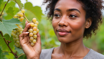Young Black woman inspecting ripe grape cluster in vineyard, freshness