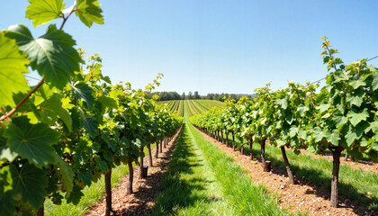 Obraz premium Lush vineyard rows under clear blue sky, wine production concept