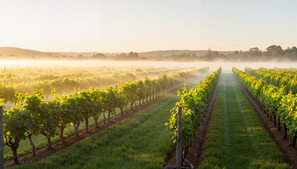 Obraz premium Misty vineyard landscape at dawn, tranquility and beauty of nature