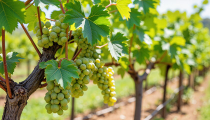 Fototapeta premium Vibrant grape clusters hanging on lush vine row, nature's bounty