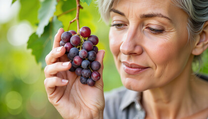 Curious woman inspecting grape cluster in vineyard, nature appreciation