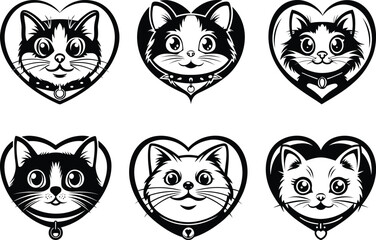 A beautiful cute cat's face in the shape of a heart silhouette vector illustration set, cat's face in the shape of a heart line art vector 