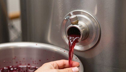  Red wine flowing from a stainless steel tank spigot