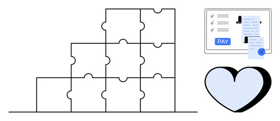 Puzzle pieces stacked in structure, digital payment form, and heart shape. Ideal for teamwork, financial transactions, online payments, health services, connectivity, organization collaborative