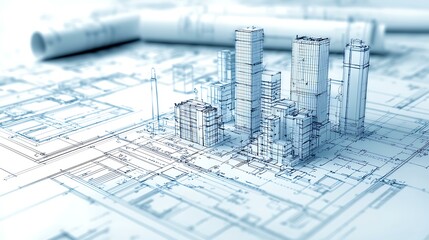A 3D-rendered illustration of a business plan blueprint with skyscrapers representing financial success