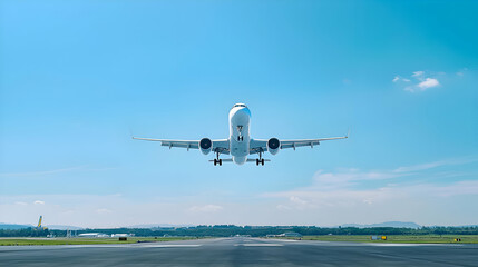Naklejka premium Airplane Landing on Runway Under a Blue Sky