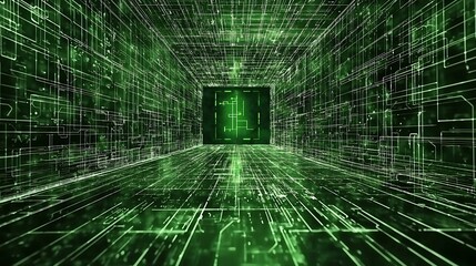 A dark futuristic workspace with a floating digital blueprint, showing only one path in green
