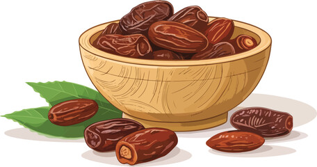 Dates Illustration vector designDates in wooden bowl on table in white background Illustration vector design