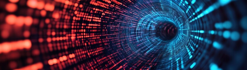 Fototapeta premium A vibrant, abstract representation of a digital tunnel with red and blue binary-like patterns, suggesting a dynamic flow of information.