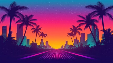 A vibrant sunset scene featuring palm trees, a city skyline, and a retro grid road, evoking a nostalgic, tropical atmosphere.