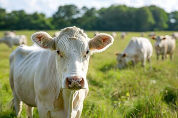 Premium Quality Visual of Closeup Shot of White Cows Grazing in the Fields