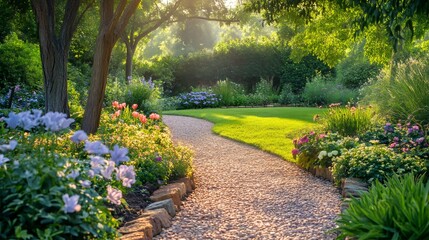 Obraz premium Gravel path winding through a colorful garden at sunrise