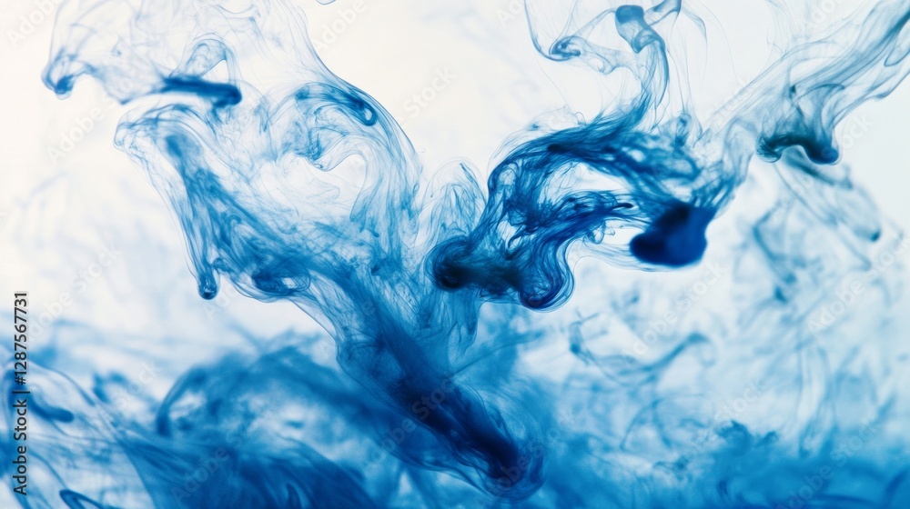 Poster Blue ink swirling underwater creating abstract patterns with fluid motion and light background. Artistic liquid art and creativity concept