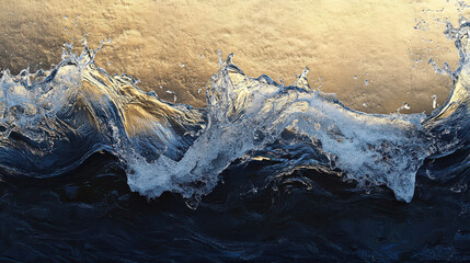 Obraz premium Close-up of ocean waves in deep sapphire tones crashing onto dark, metallic-looking sand, the water reflecting a golden sunset glow