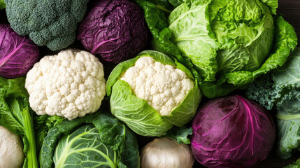 A colorful assortment of fresh vegetables, featuring various types of cabbage, cauliflower, and leafy greens, arranged neatly on a wooden surface.
