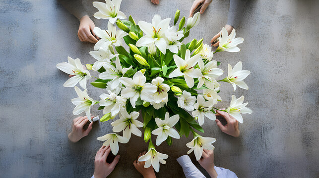 Overhead shot of business panel in office meeting collaborating around large table - Powered by Adobe