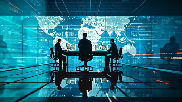A team collaborates in a futuristic cyber security workspace with digital interfaces and glowing data visuals during a nighttime session