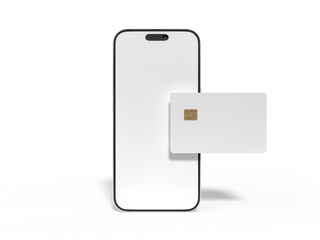 Smartphone and plastic credit card templates. Empty debit card with chip card isolated on background. Mockup empty concept for saving money wealth and financial, technology payment, digital purchase.