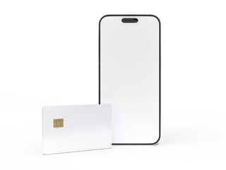 Smartphone and plastic credit card templates. Empty debit card with chip card isolated on background. Mockup empty concept for saving money wealth and financial, technology payment, digital purchase.