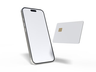 Smartphone and plastic credit card templates. Empty debit card with chip card isolated on...