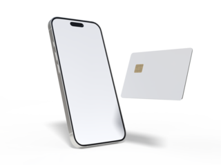 Smartphone and plastic credit card templates. Empty debit card with chip card isolated on background. Mockup empty concept for saving money wealth and financial, technology payment, digital purchase.