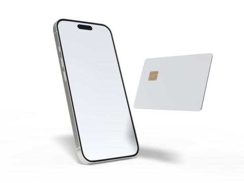 Smartphone and plastic credit card templates. Empty debit card with chip card isolated on background. Mockup empty concept for saving money wealth and financial, technology payment, digital purchase.