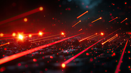 Fototapeta premium A vibrant, abstract scene with red laser-like beams streaking through a dark background, creating a dynamic and futuristic atmosphere.