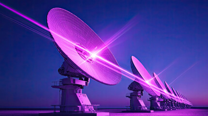 A series of purple satellite dishes under a twilight sky, radiating light, showcasing advanced technology and communication.